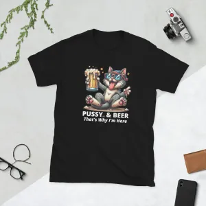 Pussy Cat Holding Beer Funny T-shirt. Short-Sleeve Unisex (4 Colors)
