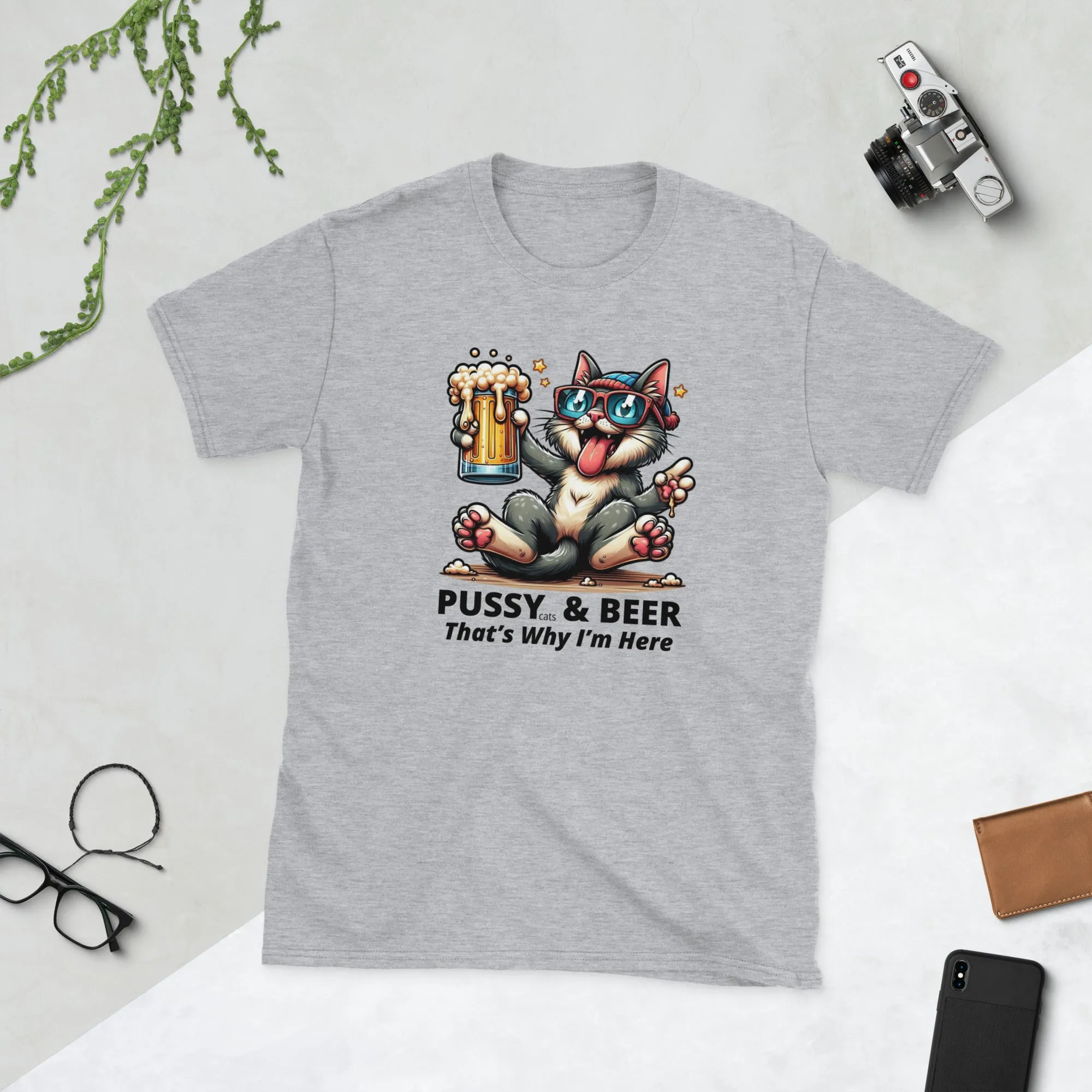 Pussy Cat Holding Beer Funny T-shirt. Short-Sleeve Unisex (4 Colors)
