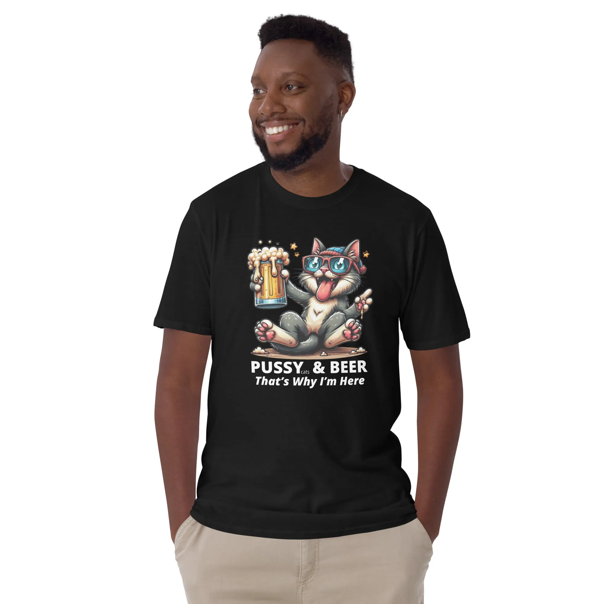 Pussy Cat Holding Beer Funny T-shirt. Short-Sleeve Unisex (4 Colors)