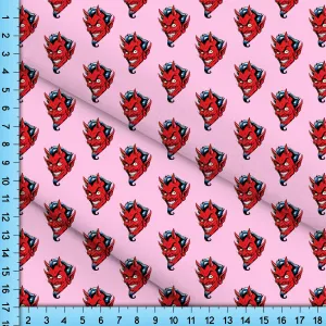 Red Devil on Pink Fabric, Novelty Design Printed By the Yard for Crafts, Shirts, Masks