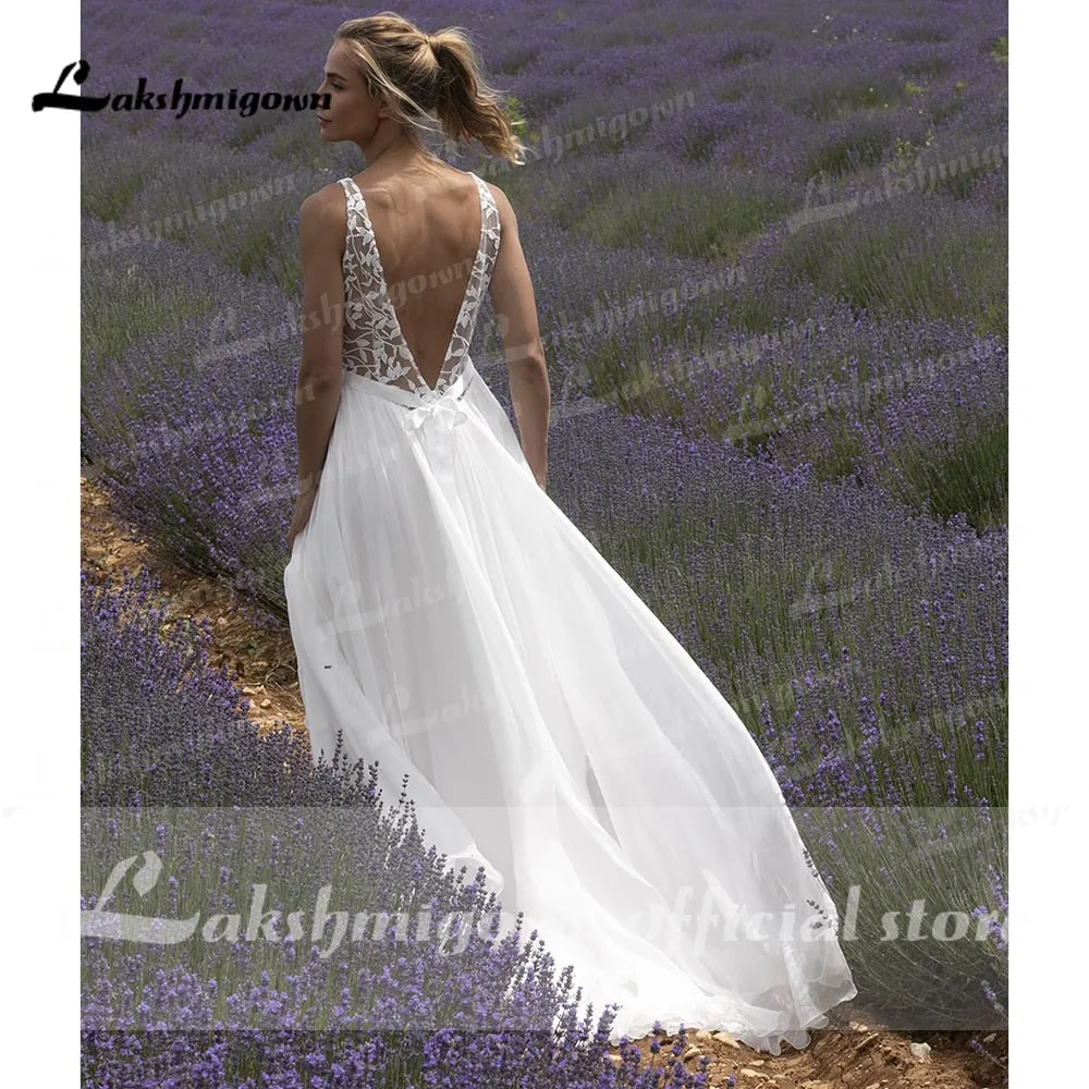 Roycebridal V Neck Lace Sleeveless Open Back Elegant Wedding Dresses for women  Beach Sweep Train vestido de fiesta de boda Lakshmigown