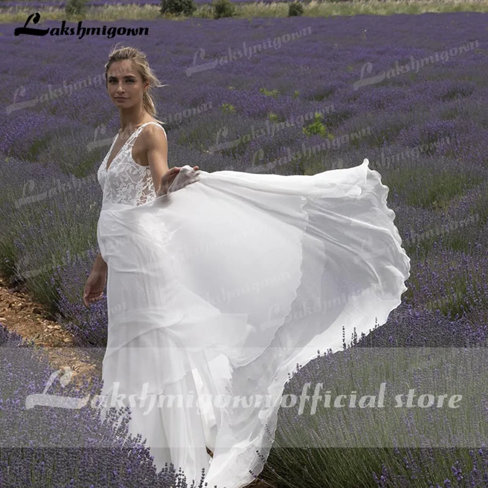 Roycebridal V Neck Lace Sleeveless Open Back Elegant Wedding Dresses for women  Beach Sweep Train vestido de fiesta de boda Lakshmigown