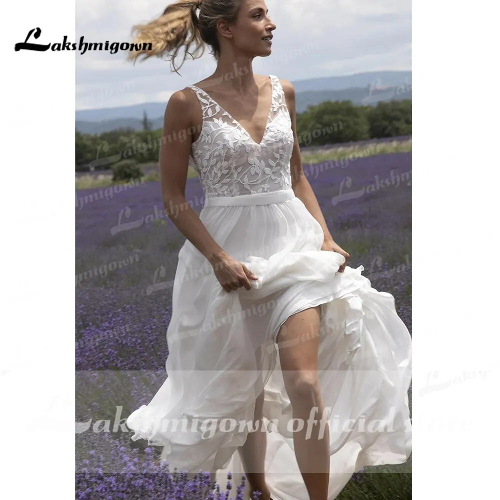 Roycebridal V Neck Lace Sleeveless Open Back Elegant Wedding Dresses for women  Beach Sweep Train vestido de fiesta de boda Lakshmigown
