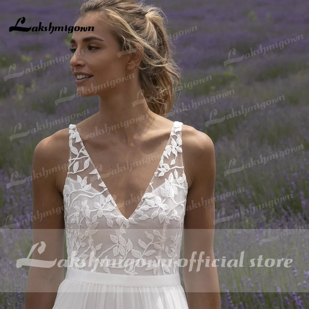 Roycebridal V Neck Lace Sleeveless Open Back Elegant Wedding Dresses for women  Beach Sweep Train vestido de fiesta de boda Lakshmigown