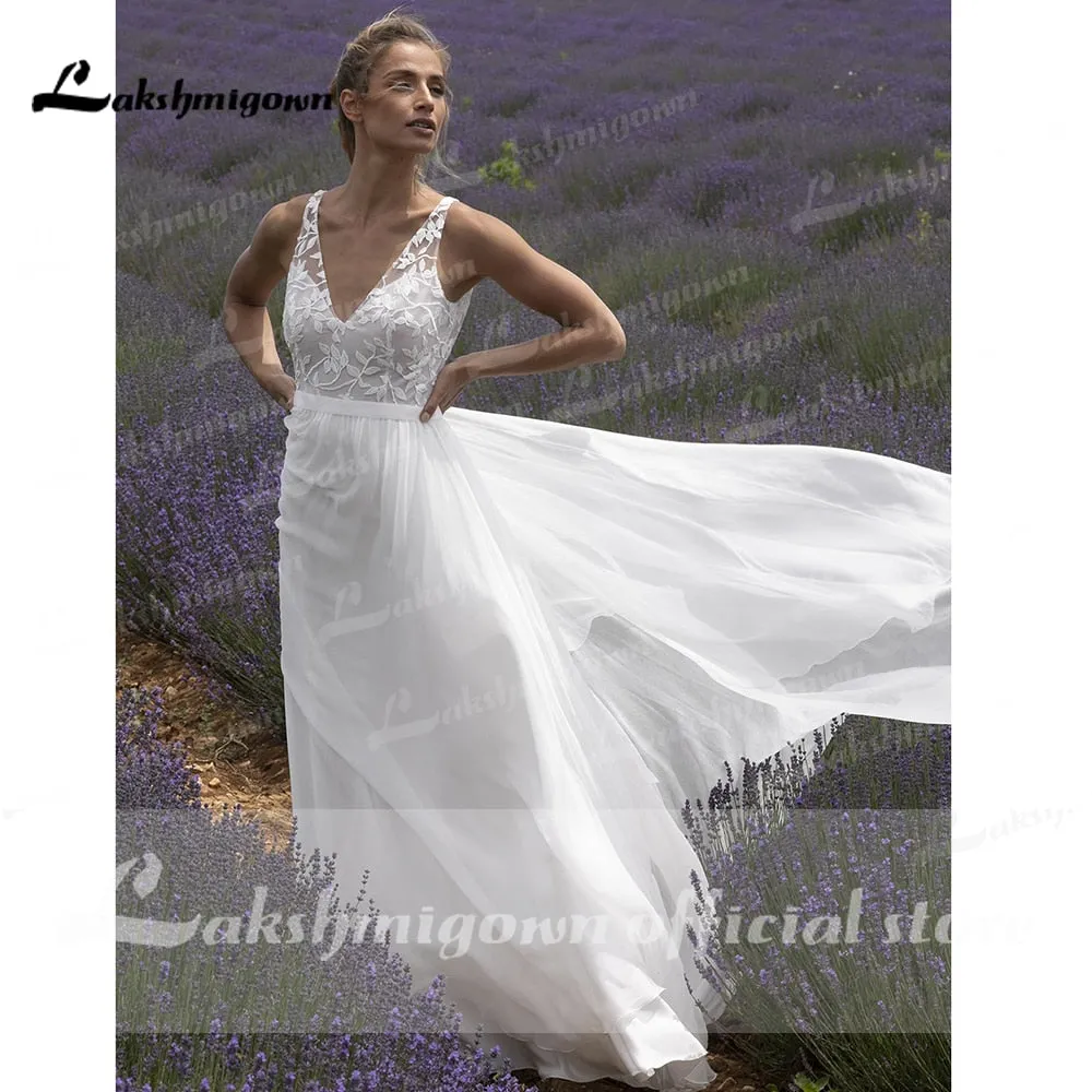 Roycebridal V Neck Lace Sleeveless Open Back Elegant Wedding Dresses for women  Beach Sweep Train vestido de fiesta de boda Lakshmigown