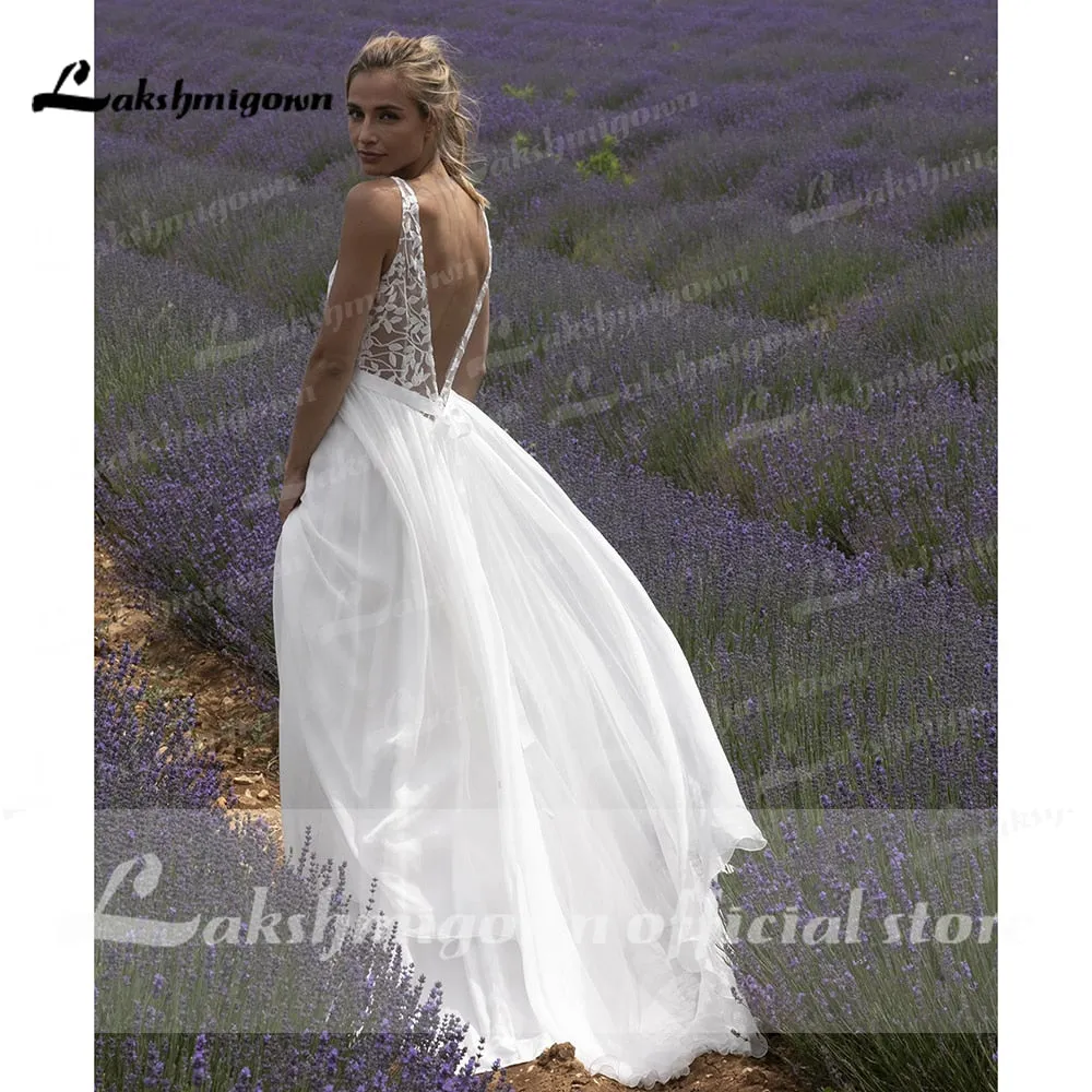 Roycebridal V Neck Lace Sleeveless Open Back Elegant Wedding Dresses for women  Beach Sweep Train vestido de fiesta de boda Lakshmigown