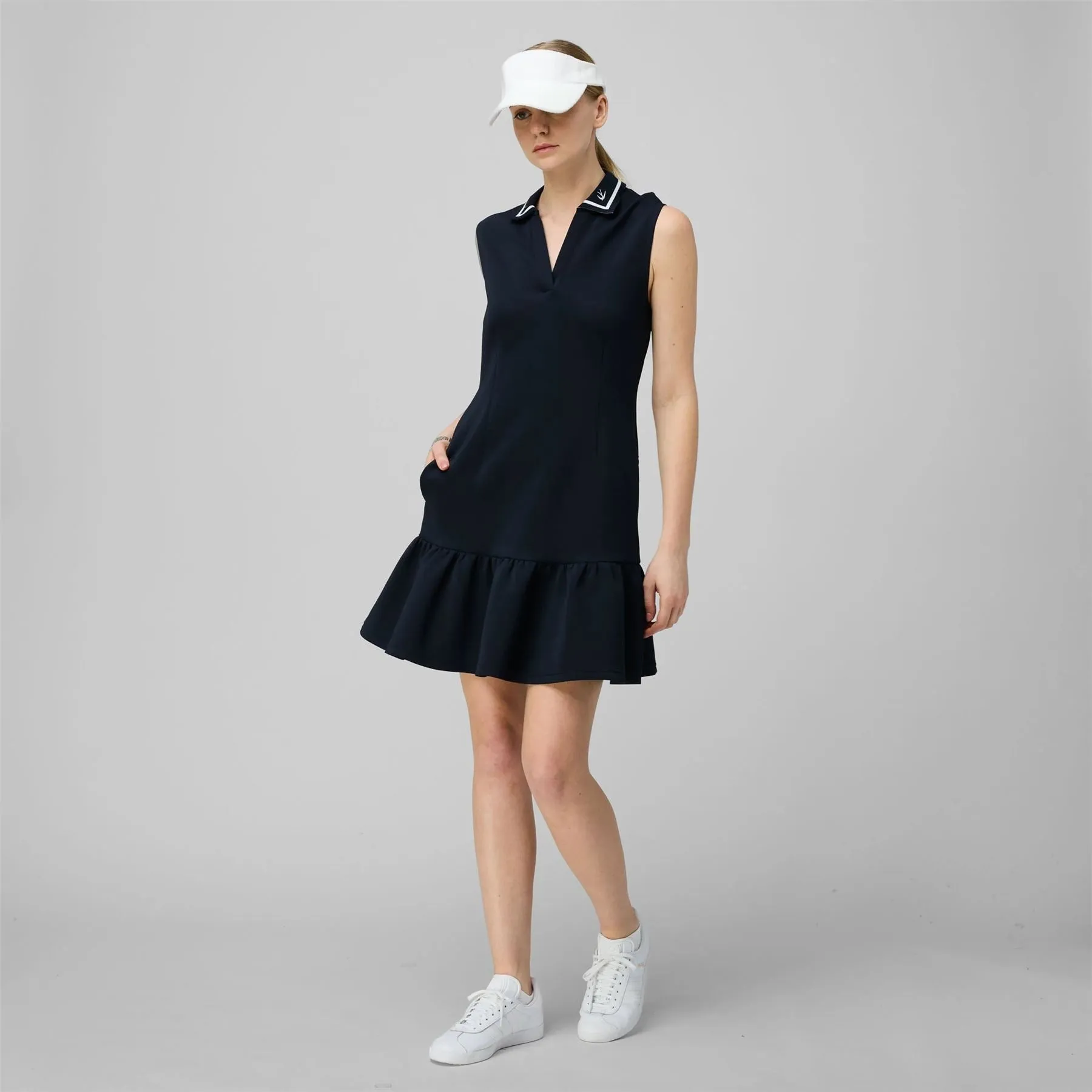 Scuba Ruffle Hem Dress Navy/White