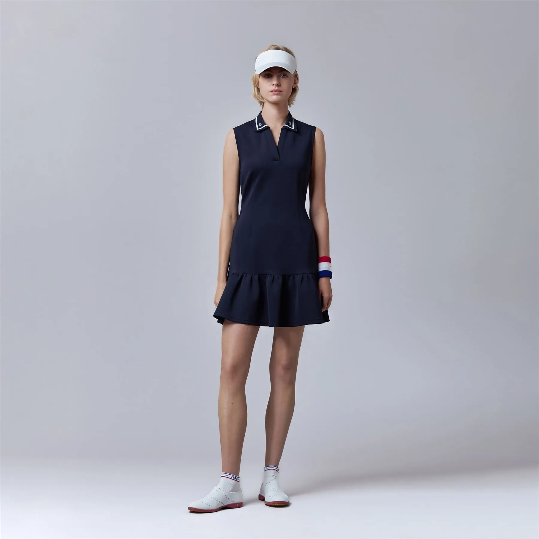 Scuba Ruffle Hem Dress Navy/White