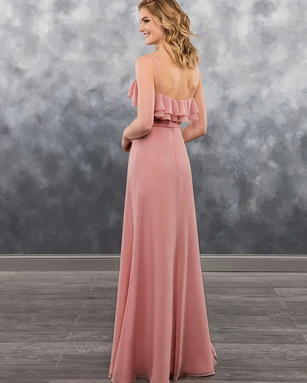 Sexy Spaghetti Straps Dusty Pink Chiffon Bridesmaid Dresses Tiered Ruffles Floor Length