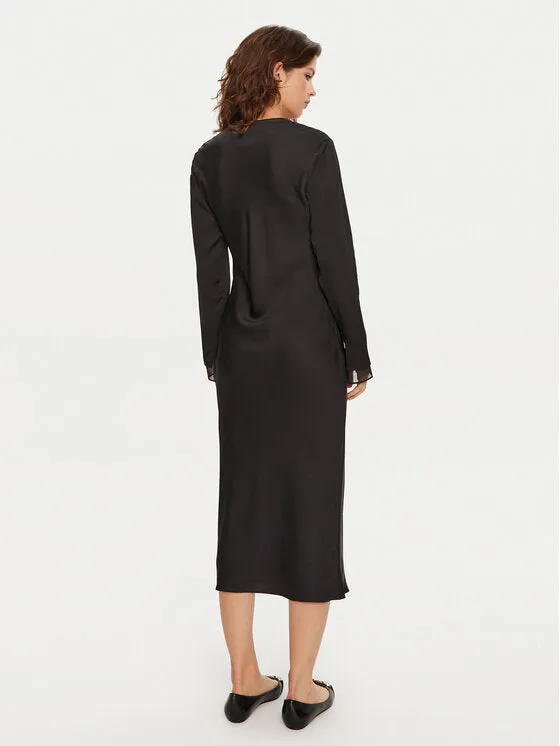 Sheer Panel Ls Shift Midi Dress