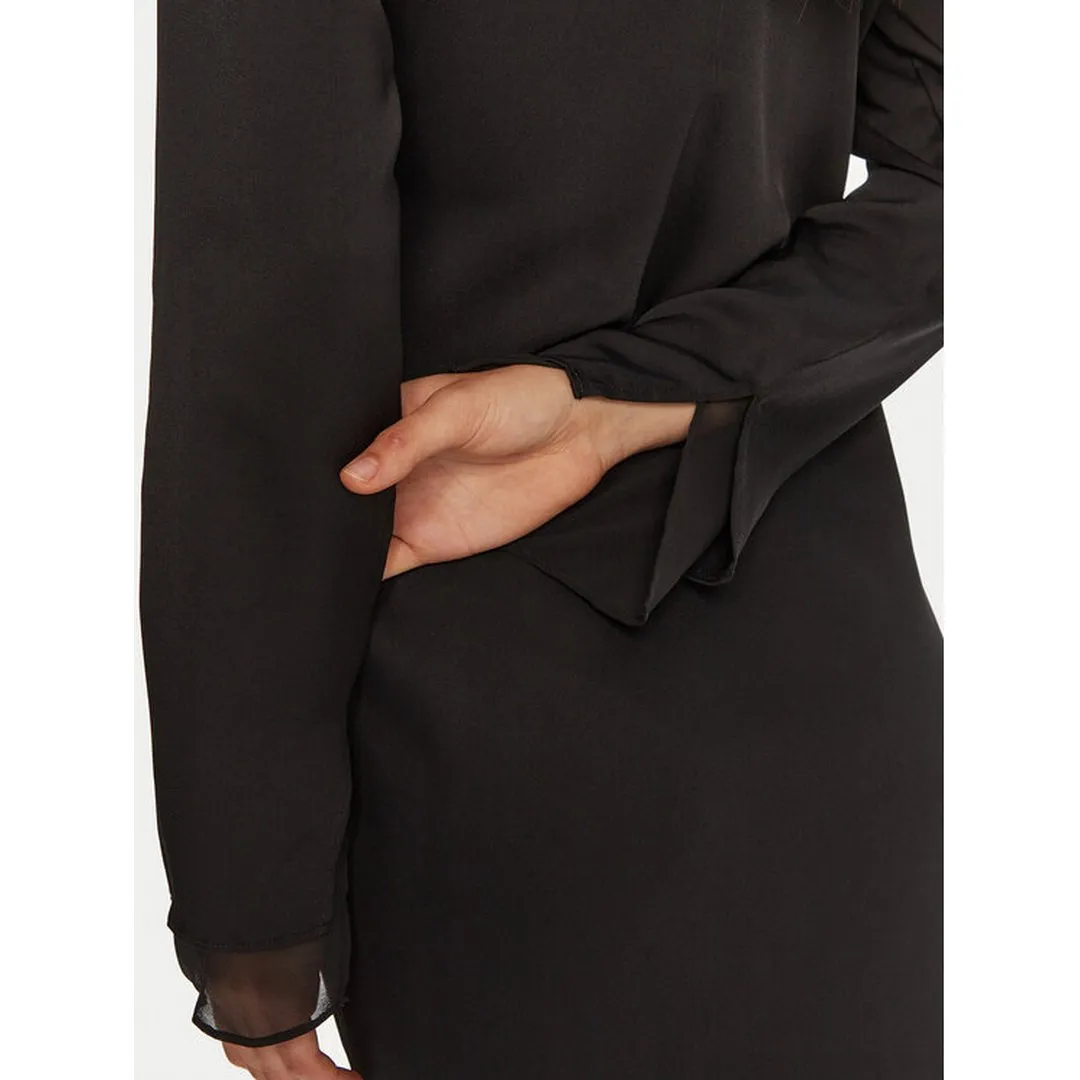 Sheer Panel Ls Shift Midi Dress