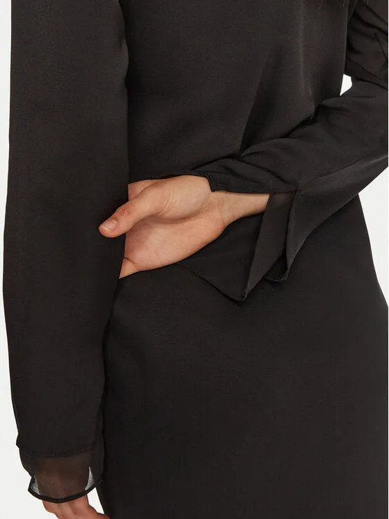 Sheer Panel Ls Shift Midi Dress