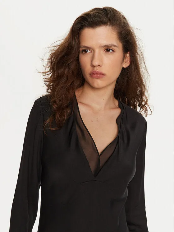 Sheer Panel Ls Shift Midi Dress