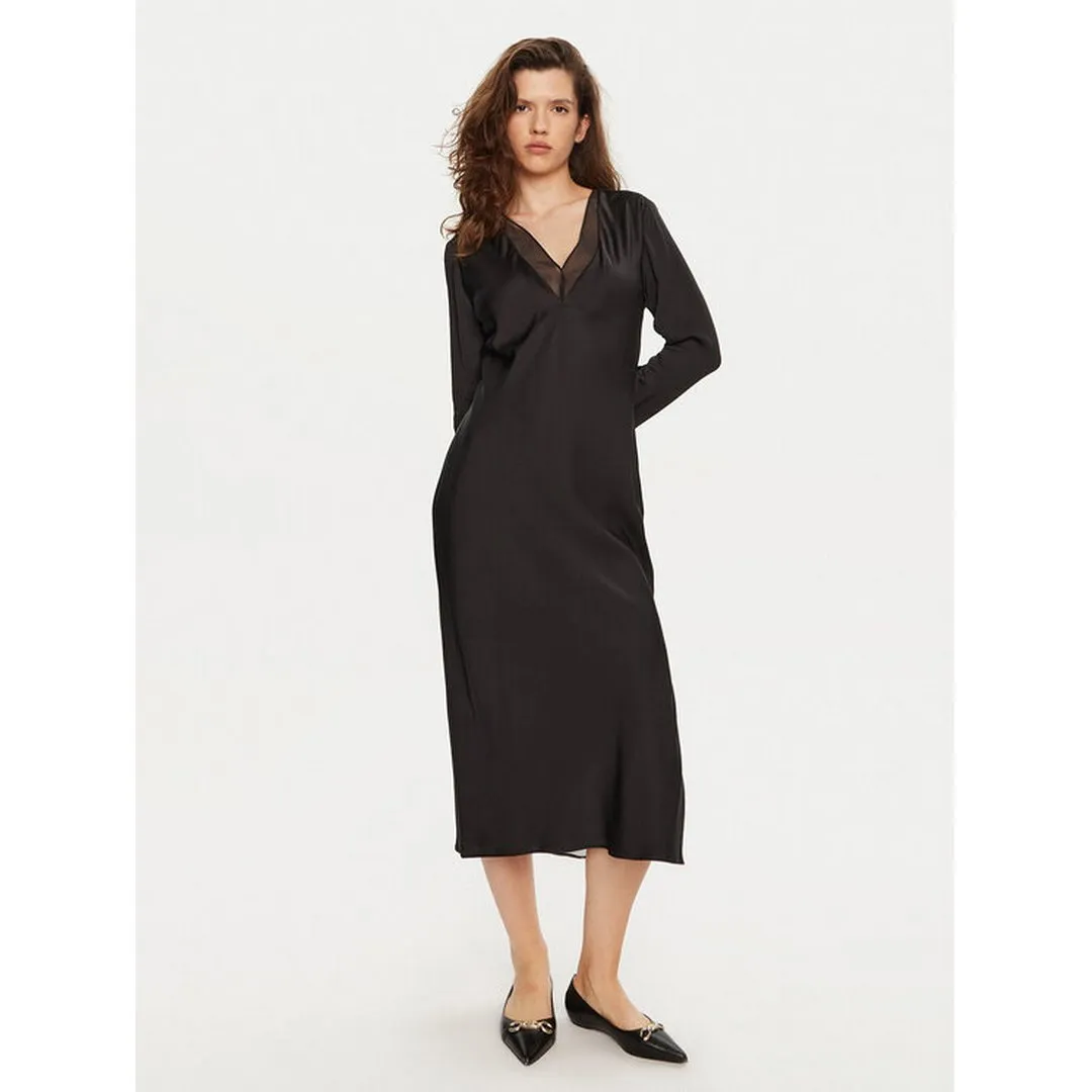 Sheer Panel Ls Shift Midi Dress