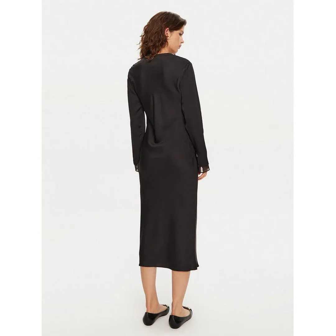 Sheer Panel Ls Shift Midi Dress