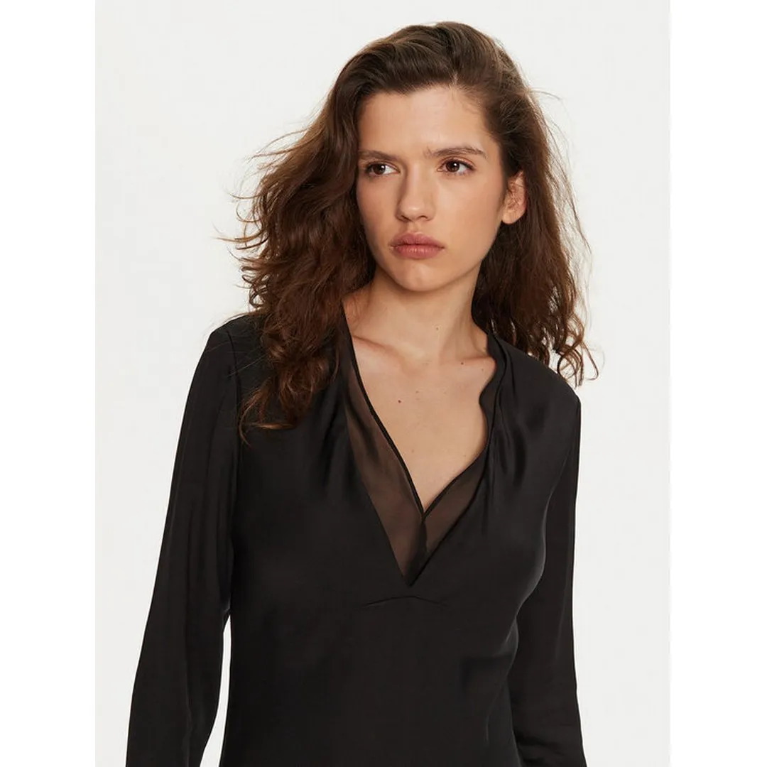 Sheer Panel Ls Shift Midi Dress