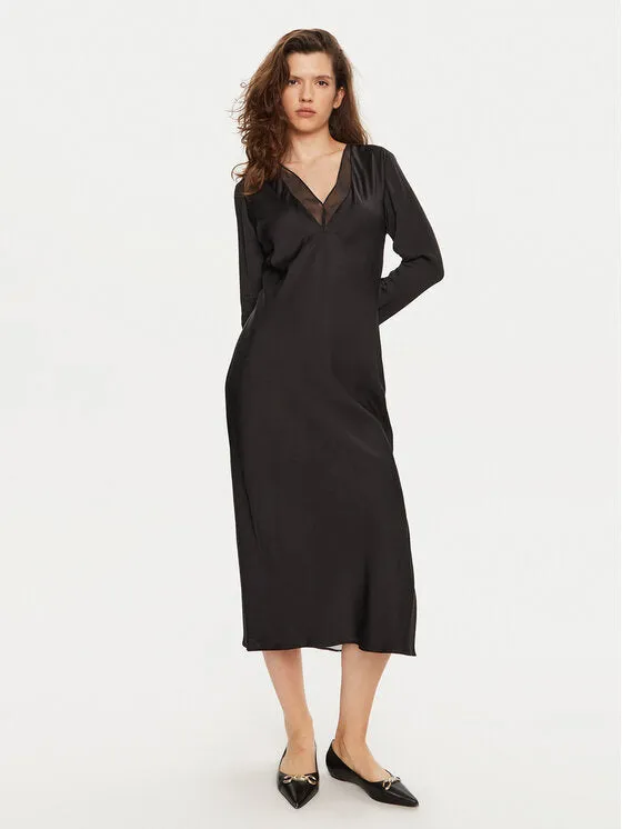 Sheer Panel Ls Shift Midi Dress
