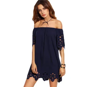 SheIn Casual Short Dresses For Women Summer Style Ladies Plain Short Sleeve Off The Shoulder Hollow Out Shift Dress