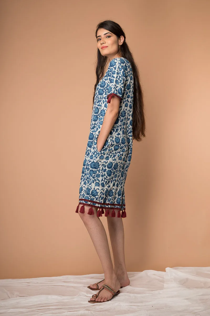 Shift Dress with tassels in Indigo hand block print cotton