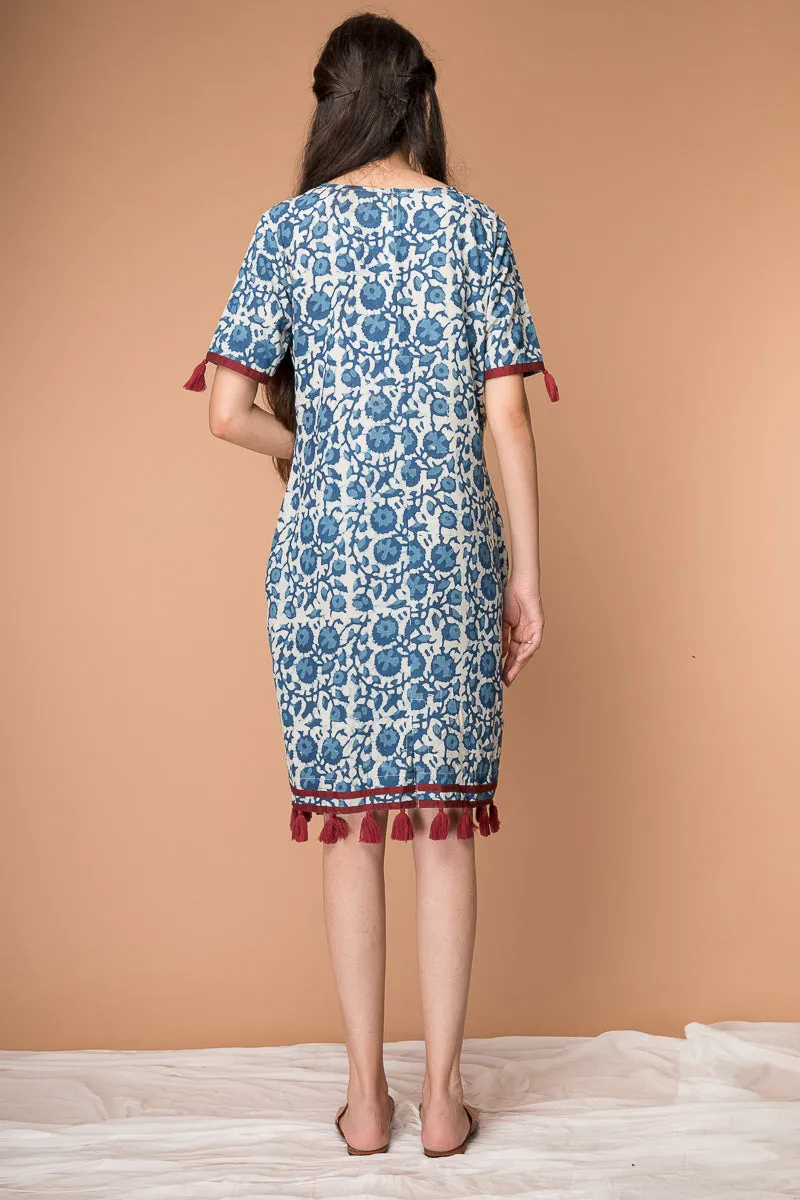 Shift Dress with tassels in Indigo hand block print cotton