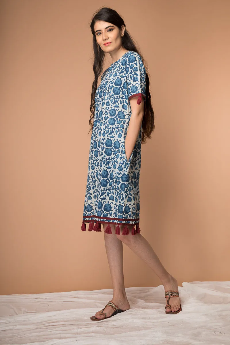 Shift Dress with tassels in Indigo hand block print cotton