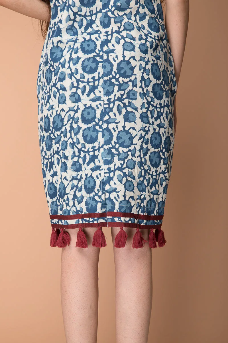 Shift Dress with tassels in Indigo hand block print cotton