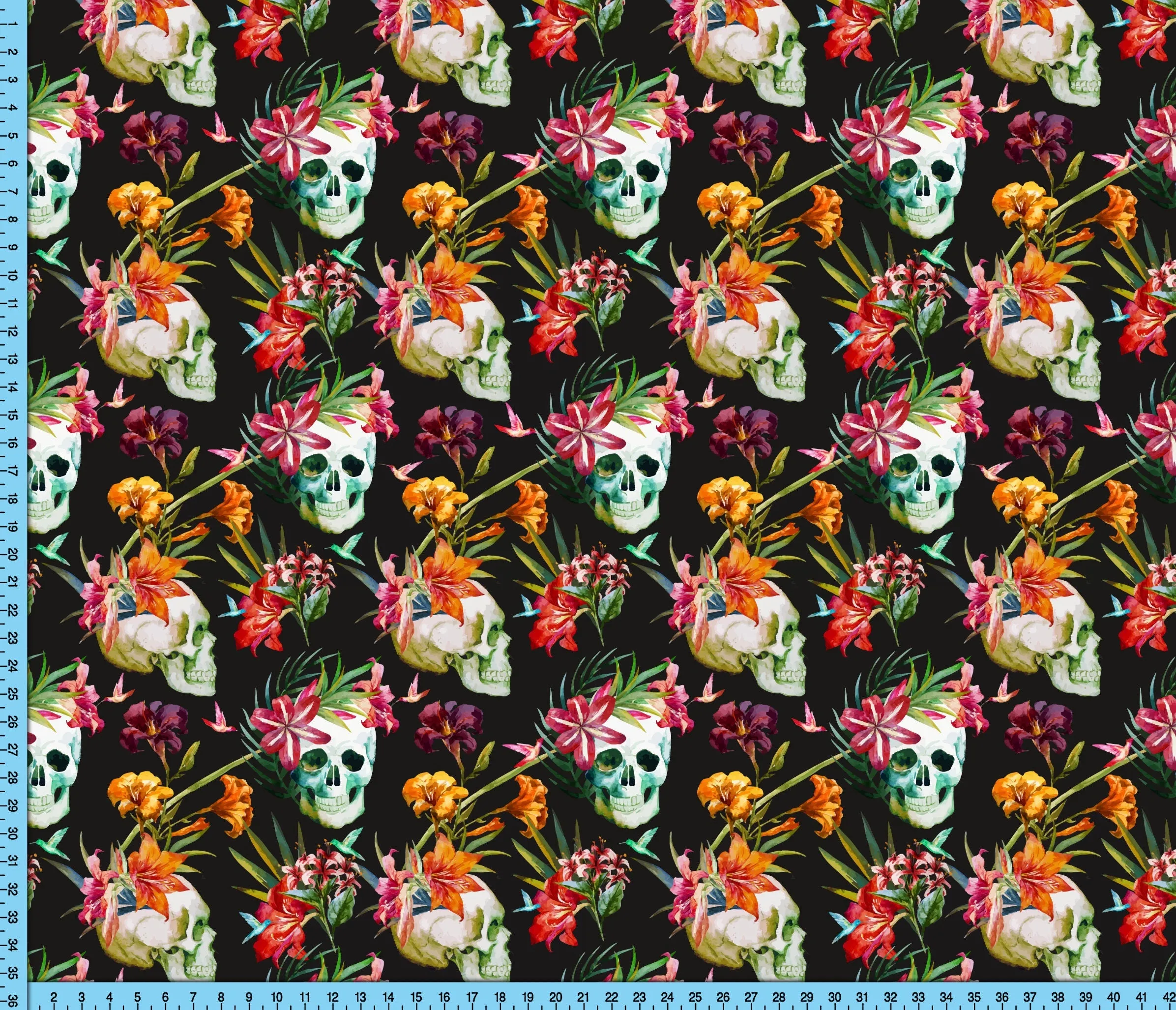 Skulls and Flowers on Black Fabric Pattern Print By the Yard, Half Yard or Fat Quarter
