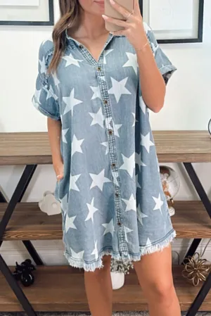 Sky Blue Star Print Frayed Buttoned Shift Denim Mini Dress