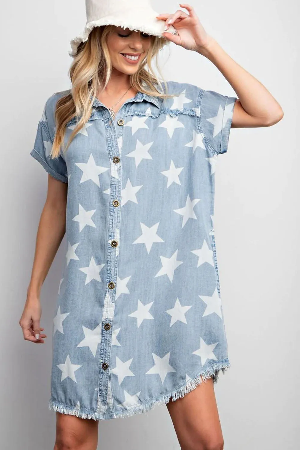 Sky Blue Star Print Frayed Buttoned Shift Denim Mini Dress