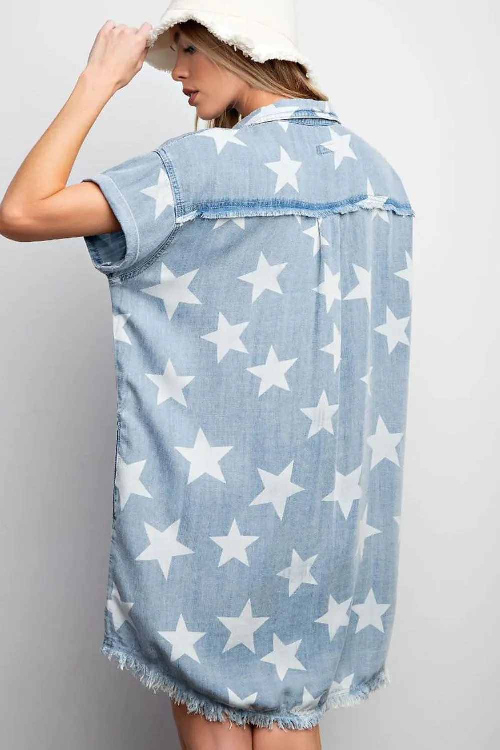 Sky Blue Star Print Frayed Buttoned Shift Denim Mini Dress