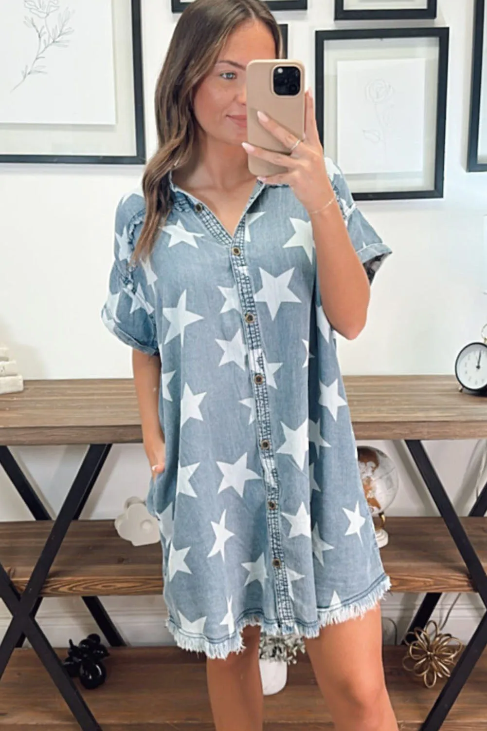 Sky Blue Star Print Frayed Buttoned Shift Denim Mini Dress