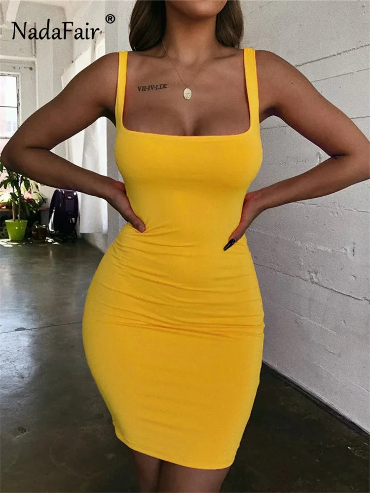 Sleeveless Short Dresses Solid Basic Tank Party Club Sexy Summer Dress Square Collar Stretchy Bodycon Skinny Dress