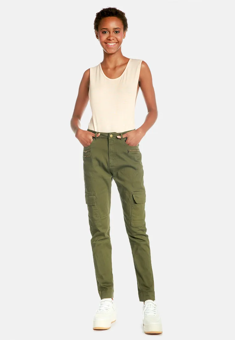 slim fit cargo pants with zipper details on front