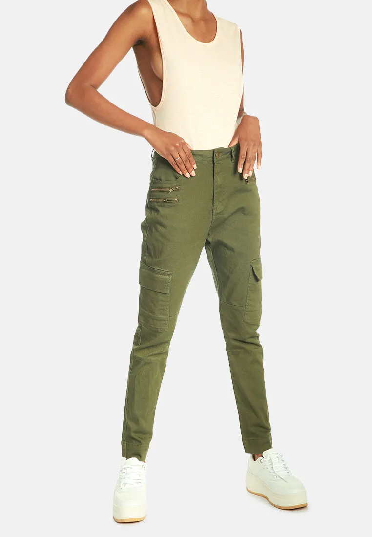 slim fit cargo pants with zipper details on front