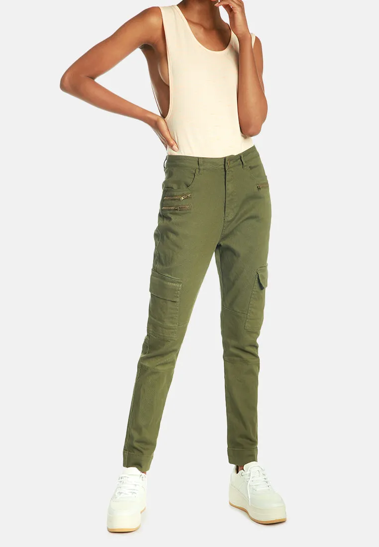 slim fit cargo pants with zipper details on front