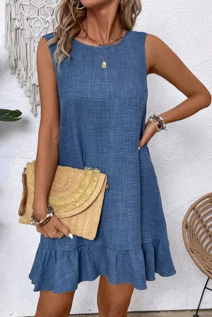Smoke Gray Knot Scoop Back Ruffle Hem Sleeveless Mini Dress