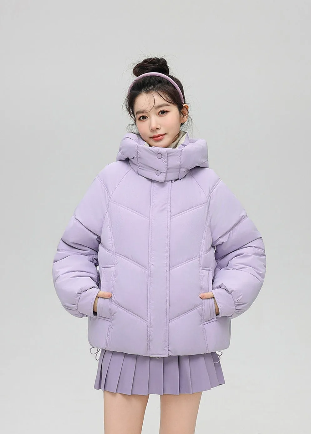 Solid Full Zip Women's Puffer Jacket Windproof and Padded