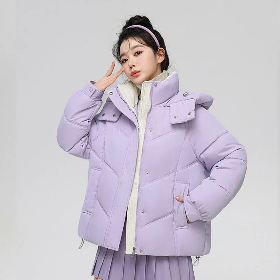 Solid Full Zip Women's Puffer Jacket Windproof and Padded