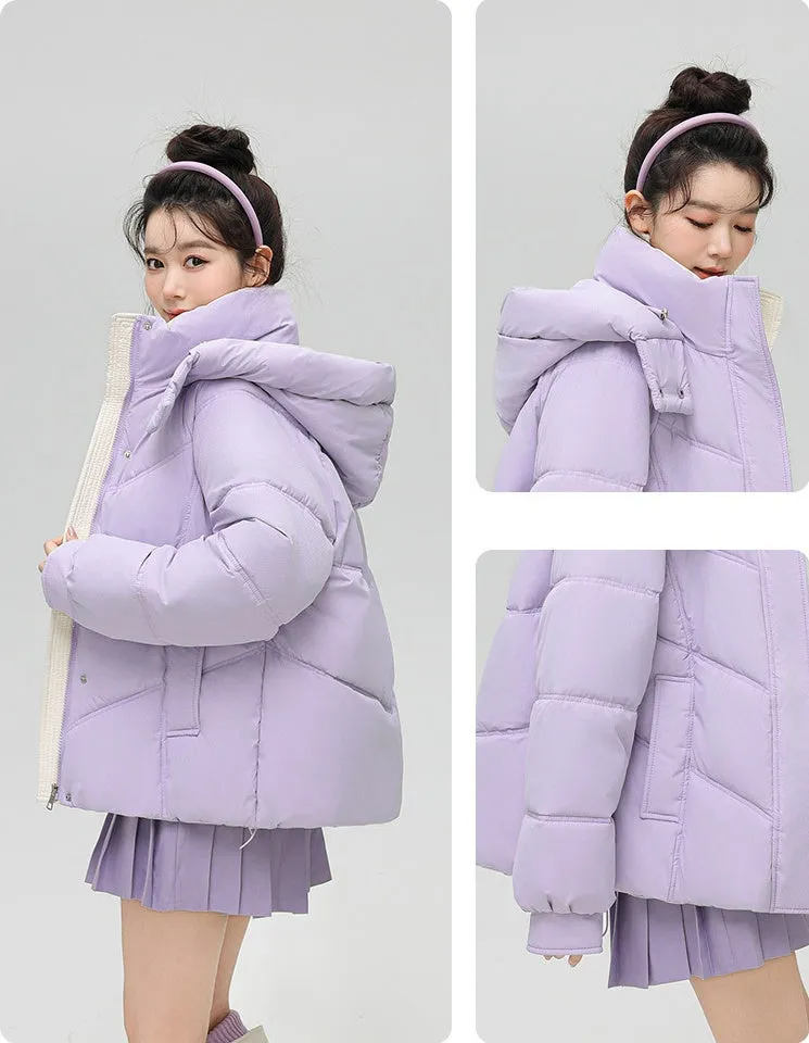 Solid Full Zip Women's Puffer Jacket Windproof and Padded