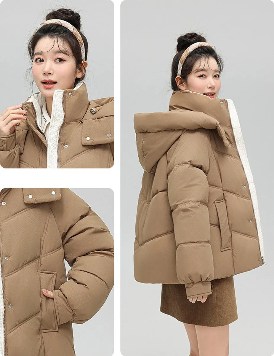 Solid Full Zip Women's Puffer Jacket Windproof and Padded