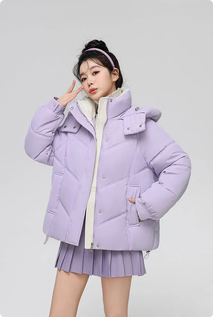Solid Full Zip Women's Puffer Jacket Windproof and Padded