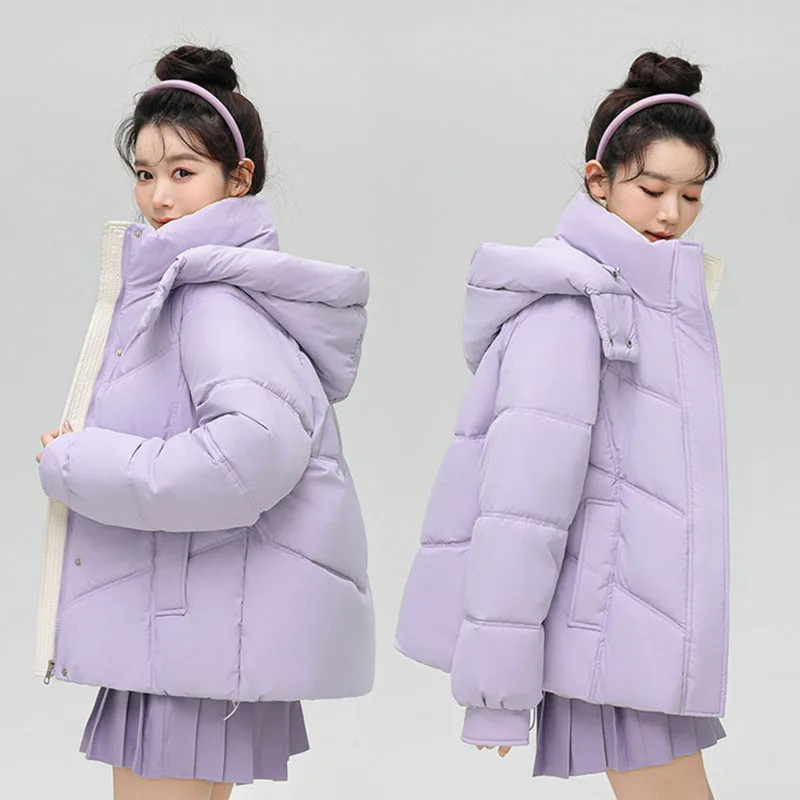 Solid Full Zip Women's Puffer Jacket Windproof and Padded