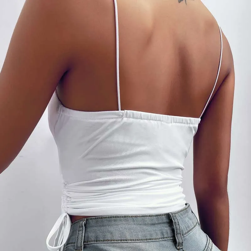Solid Sleeveless Cowl Neck Drawstring Cami Top