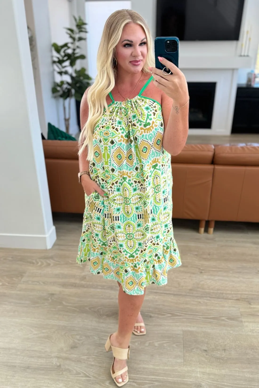 Spaghetti Strap Halter Floral Tank Dress - Lime