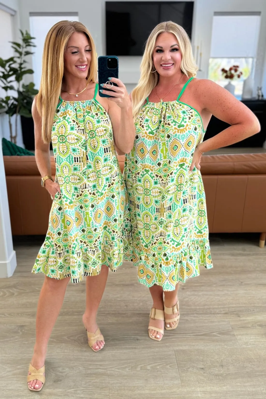 Spaghetti Strap Halter Floral Tank Dress - Lime