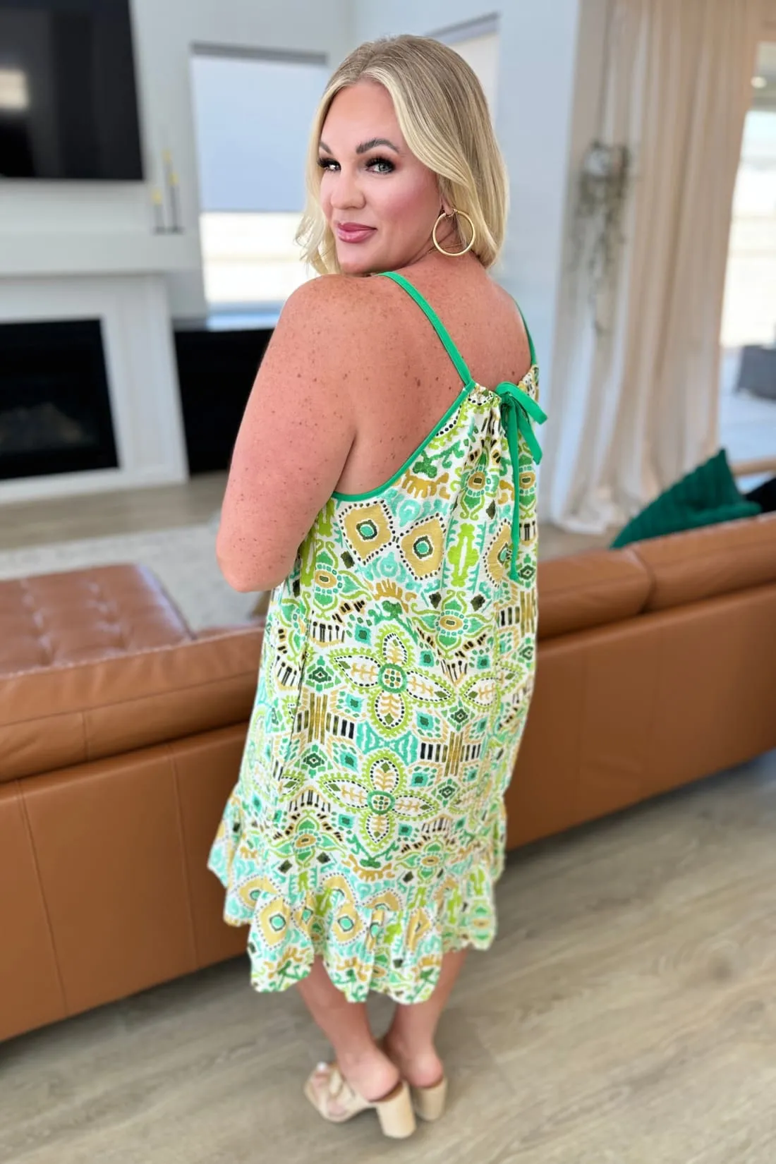Spaghetti Strap Halter Floral Tank Dress - Lime