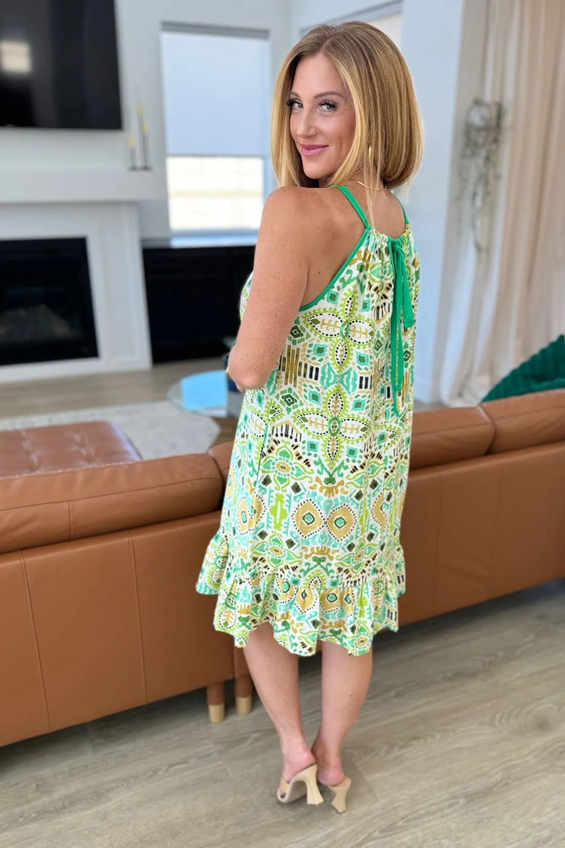Spaghetti Strap Halter Floral Tank Dress - Lime