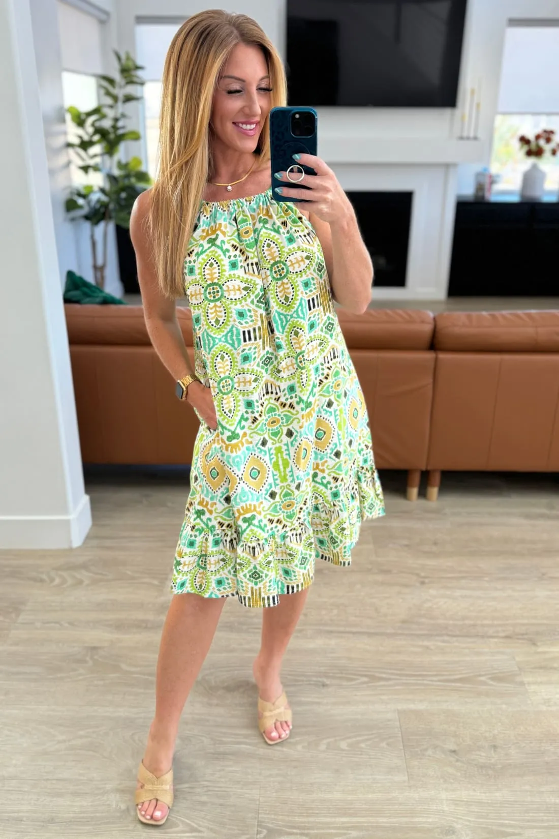 Spaghetti Strap Halter Floral Tank Dress - Lime