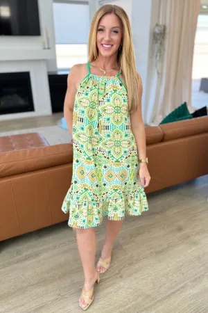 Spaghetti Strap Halter Floral Tank Dress - Lime