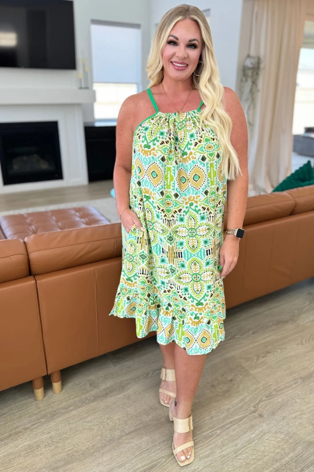 Spaghetti Strap Halter Floral Tank Dress - Lime